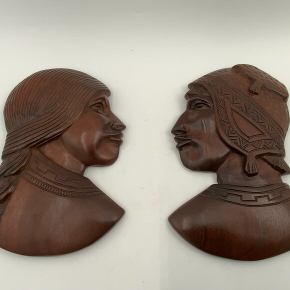 Handcrafted Other - 2 Vintage Carved Wood Native American Heads Male & Female Wall Hanging Art MCM